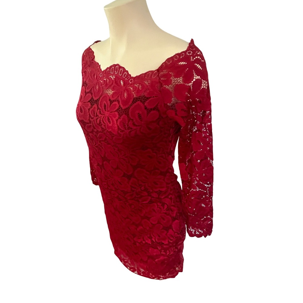 Red Floral Lace Off The Shoulder Long Sleeve Mini Cocktail Dress Bodycon